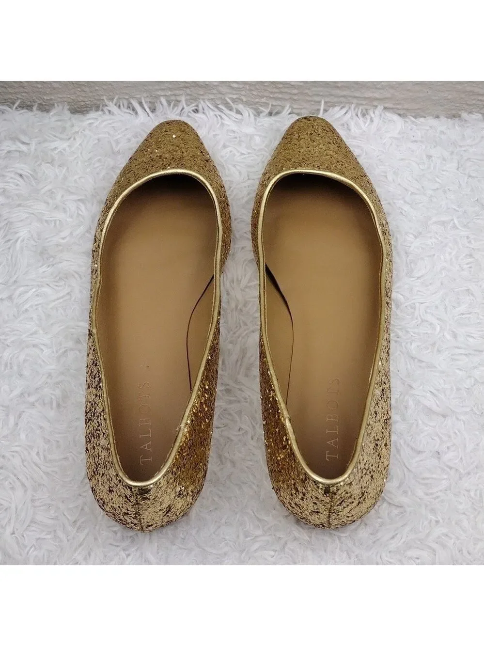 Talbots Gold Glitter Metallic Closed Almond Toe Slip On Leather Lined Flat Shoe